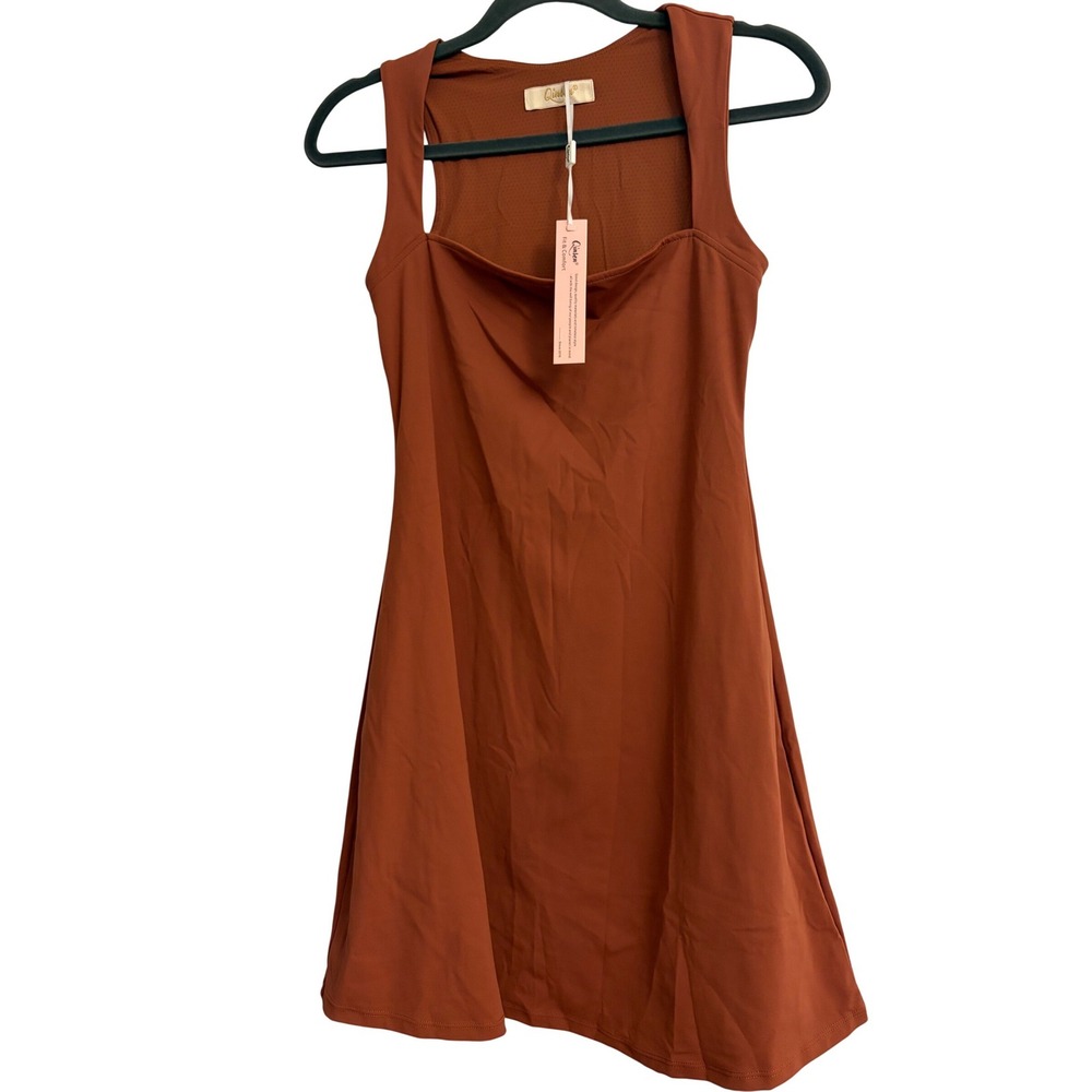 Qinsen Womens Active Exercise Dress Rust Brown Square Neck US 6 NEW Stretch